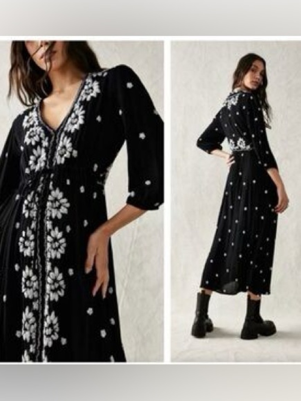 Black Embroidered Midi Dress - Floral Detail Style name “Flora”
